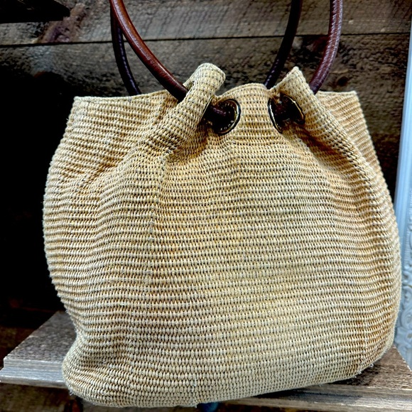 Michael Kors Straw Tote with Leather Handles & Tassel Charm - Picture 4 of 10